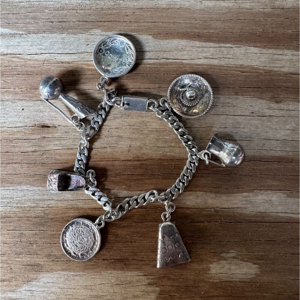 Vintage Mexican Sterling Silver Charm Bracelet With Aztec & Cultural Motifs 6" 1